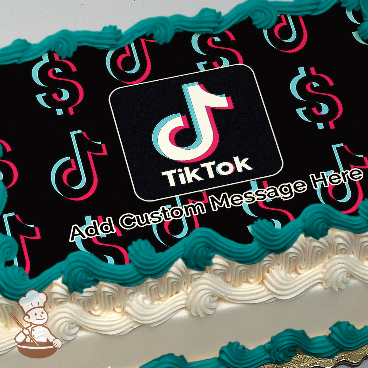 TikTok logo with musical notes on a black background, printed on a sheet cake.