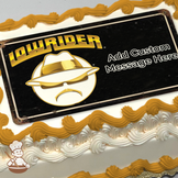 Stylized Lowrider logo with a hat and sunglasses design on a black background, printed on a sheet cake.