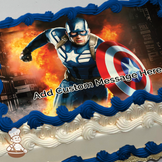 Captain America in action pose with shield against fiery cityscape background, printed on a sheet cake.