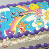 Care Bears on a rainbow with clouds and a smiling sun, featuring Tenderheart Bear and friends, printed on a sheet cake.