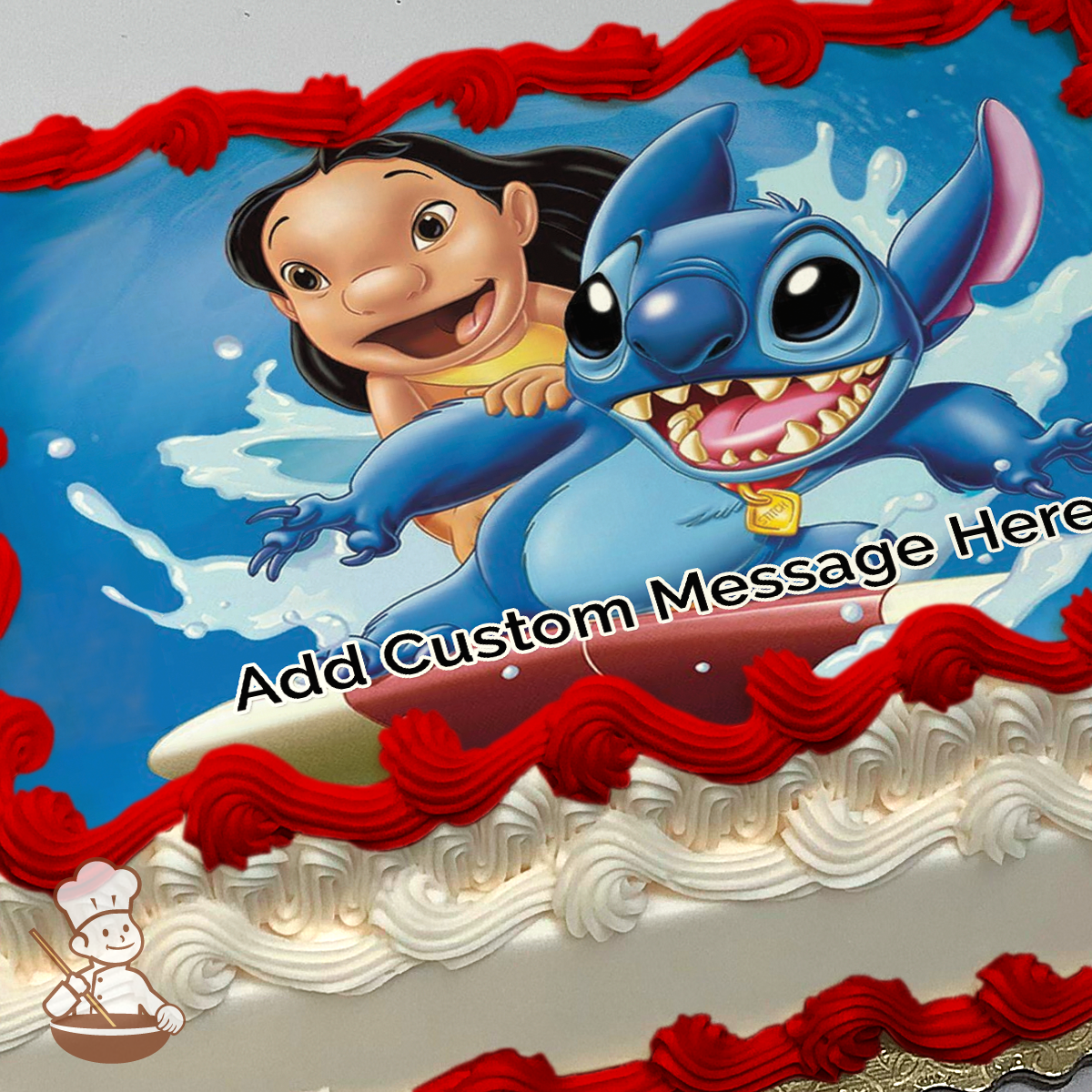 Lilo and Stitch surfing on a wave, printed on a sheet cake.