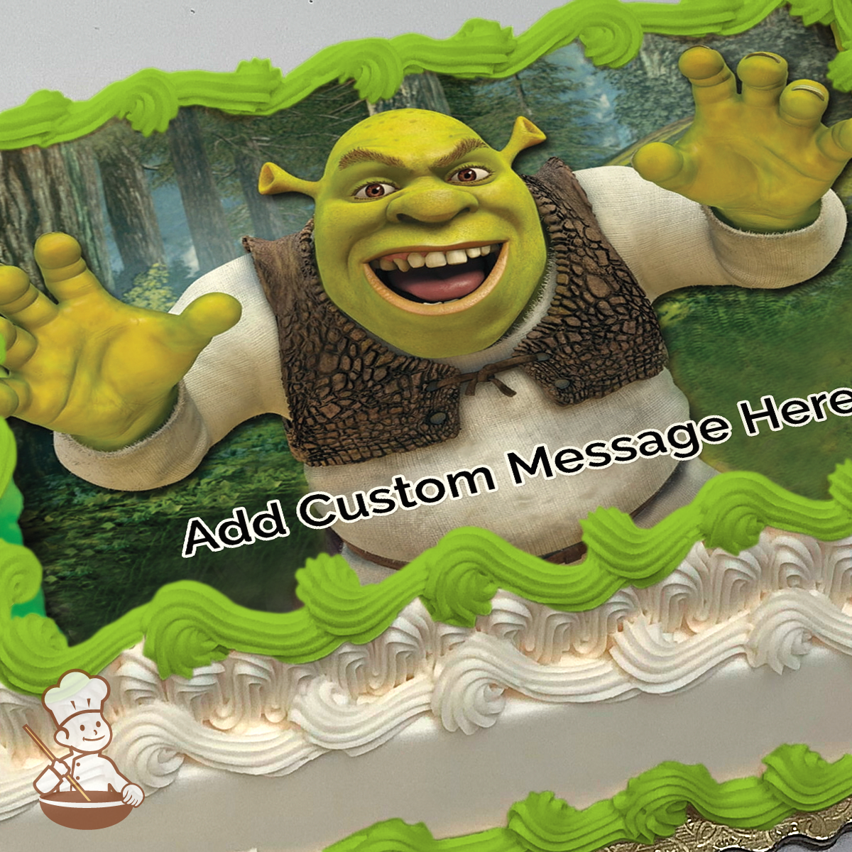 3D illustration of Shrek reaching out, with a forest background, printed on a sheet cake.