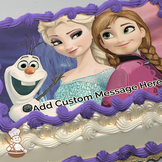 Elsa, Anna, and Olaf from Frozen, with a whimsical purple and blue background, printed on a sheet cake.