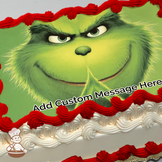 Close-up of the Grinch's face with a sly smile against a plain background, printed on a sheet cake.