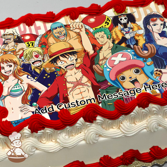 Illustration of all the Straw Hat Pirates in a group pose, printed on a sheet cake.