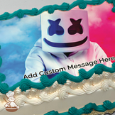 Cartoon character Marshmello with a smiling white helmet and colorful hoodie against a cloudy sky, printed on a sheet cake.