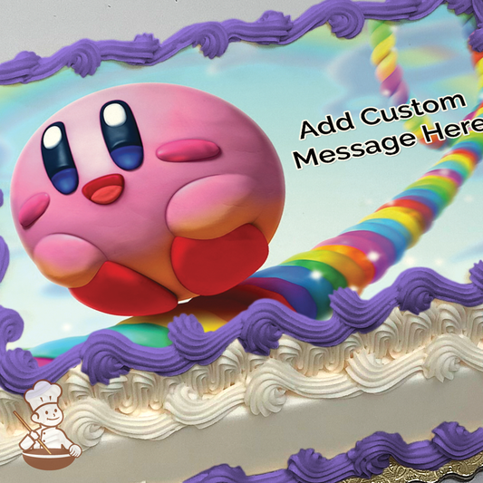 Pink Kirby character floating with a colorful rainbow in a cloudy sky, printed on a sheet cake.