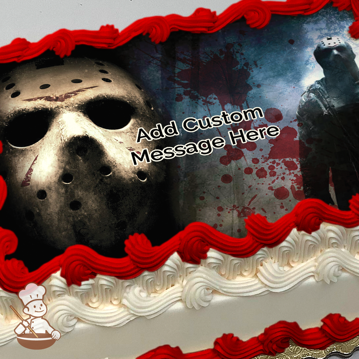 Close-up of Jason's hockey mask with blood splatters, shadowy figure in misty background, printed on a sheet cake.