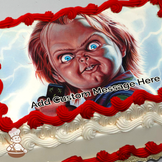 Chucky with a menacing expression, printed on a sheet cake.