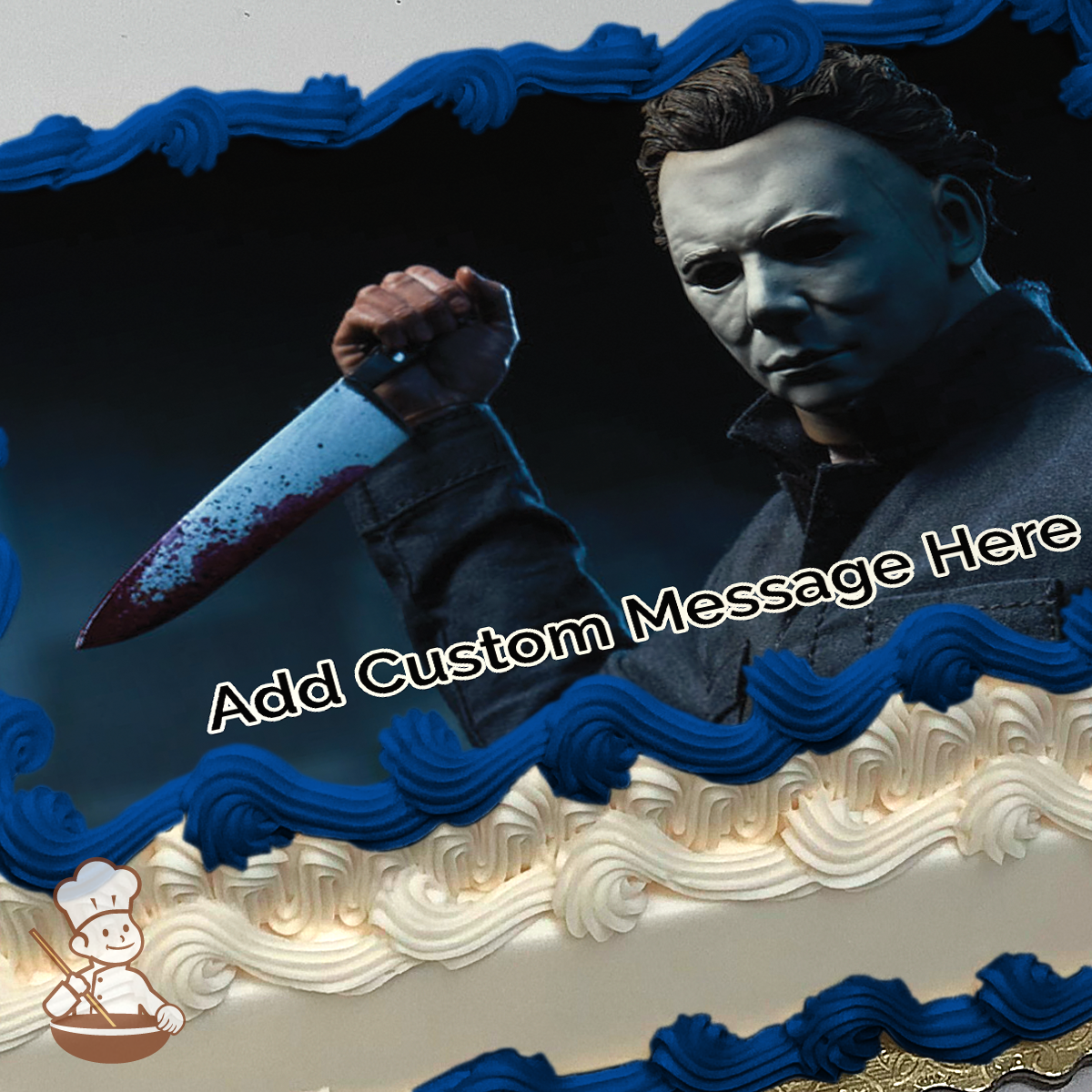 Michael Myers with knife on a dark, ominous night background, printed on a sheet cake.