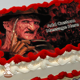 Illustration of Freddy Krueger with his clawed glove against a dark, abstract background, printed on a sheet cake.