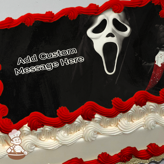 Illustration of Ghostface from the Scream series holding a bloody knife, against a dark, shadowy background, printed on a sheet cake.