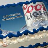 A Coors Light beer can with condensation, against a snowy mountain backdrop, printed on a sheet cake.