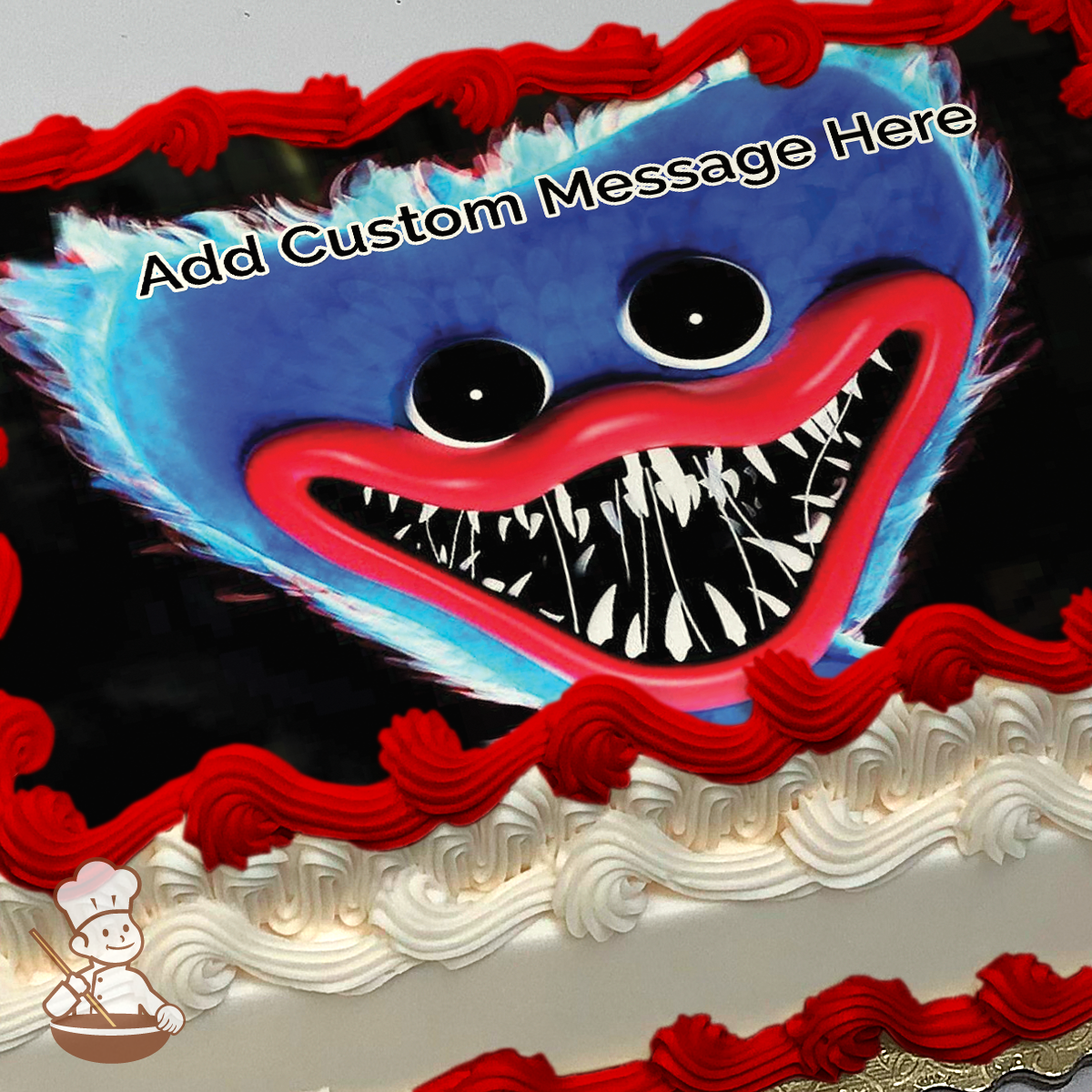 Blue Huggy Wuggy with wide smile and sharp teeth on a cake, dark background, printed on a sheet cake.