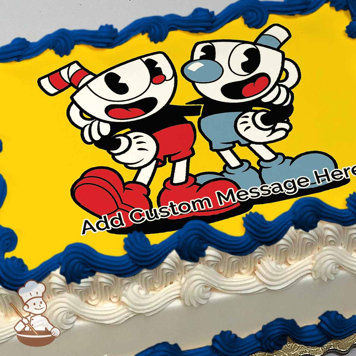 Cuphead and Mugman from the video game, smiling and posing, on a yellow background, printed on a sheet cake.