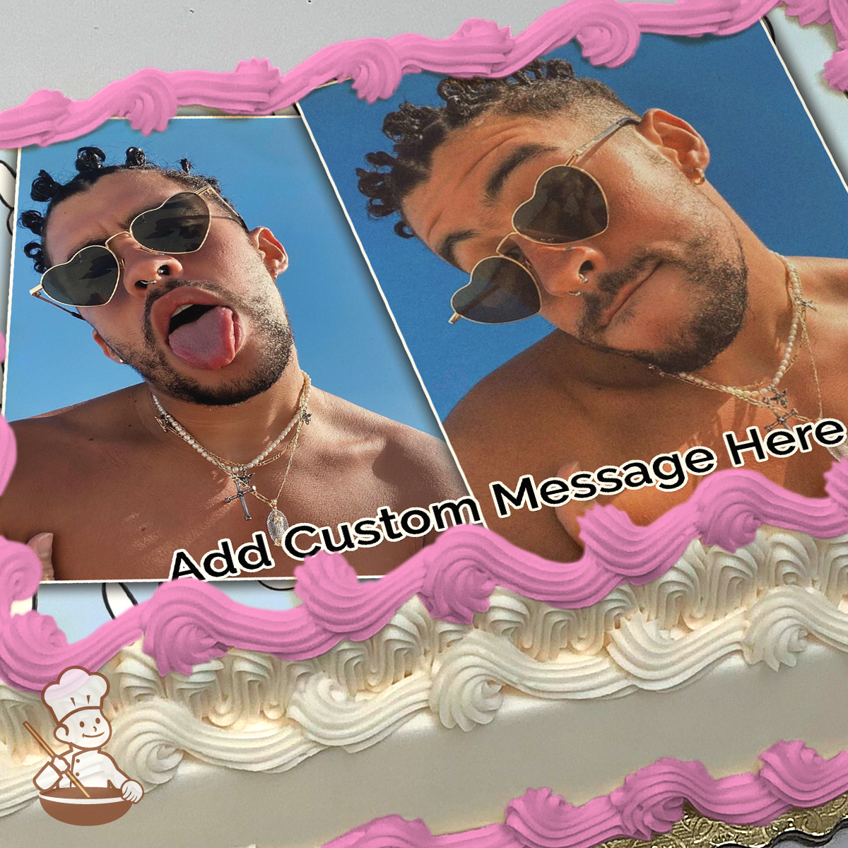 Two side-by-side selfies of a man with sunglasses and curly hair sticking out his tongue, against a clear blue sky, printed on a sheet cake.