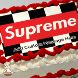 Red Supreme logo on a black and white checkered background, printed on a sheet cake.