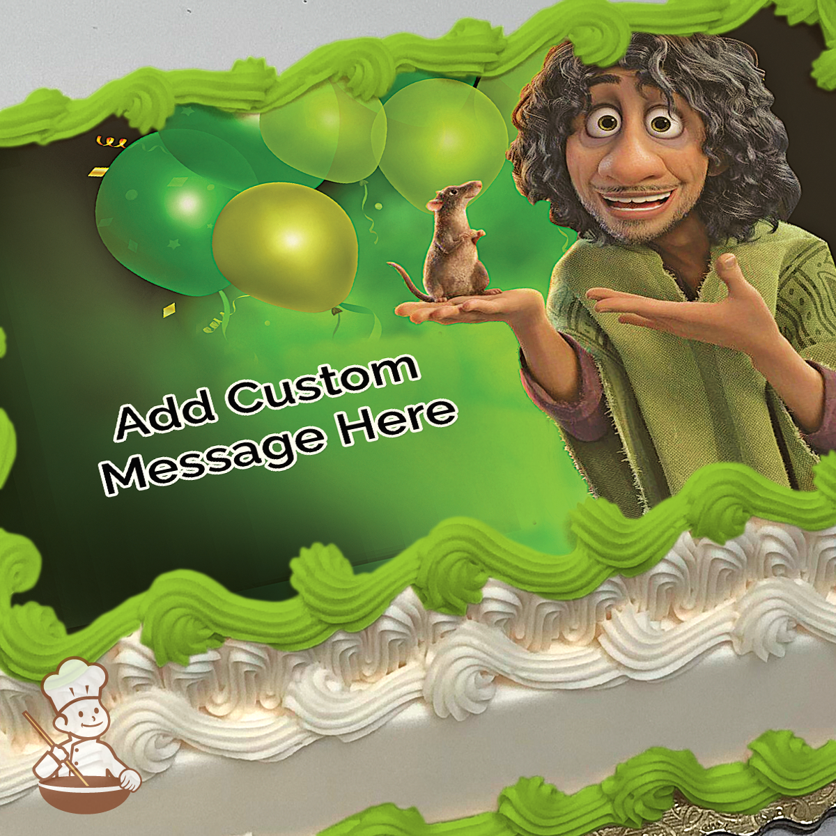 Bruno from Encanto with green balloons, printed on a sheet cake.