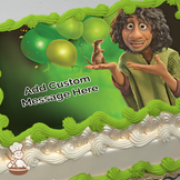 Bruno from Encanto with green balloons, printed on a sheet cake.