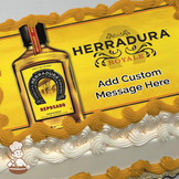 Herradura Reposado tequila bottle image with decorative border on a vibrant yellow background, printed on a sheet cake.