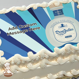 A Don Julio tequila bottle with blue and white diagonal stripes in the background, printed on a sheet cake.