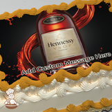 Hennessy V.S.O.P Cognac bottle with dynamic red liquid splash on dark background, printed on a sheet cake.