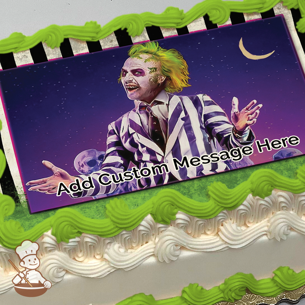 Beetlejuice against a starry night sky with a crescent moon, printed on a sheet cake.