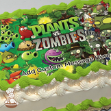 Illustration of Plants vs. Zombies characters in a battle scene, printed on a sheet cake.