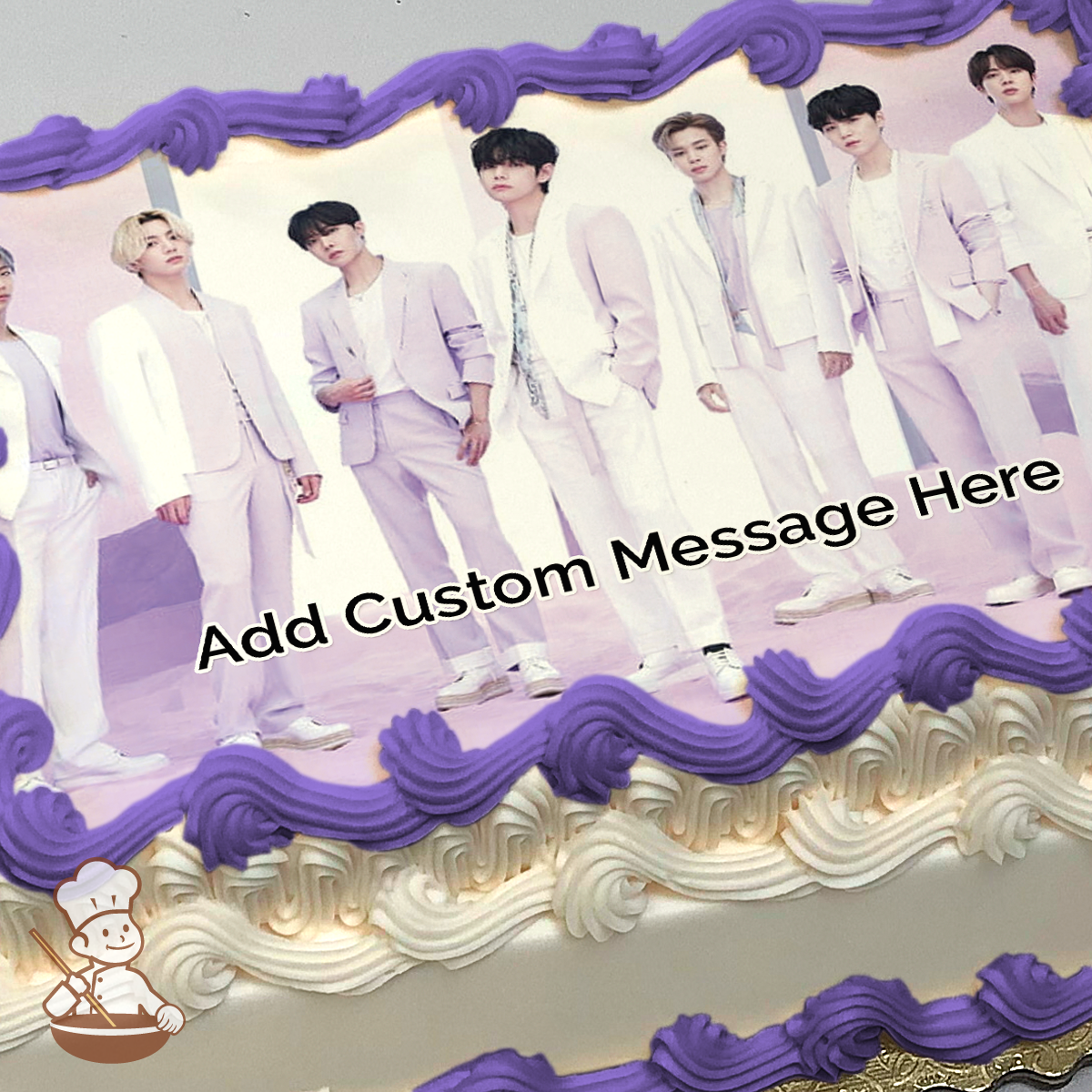 Seven men in white suits posing for a group photo, with a simple light background, printed on a sheet cake.