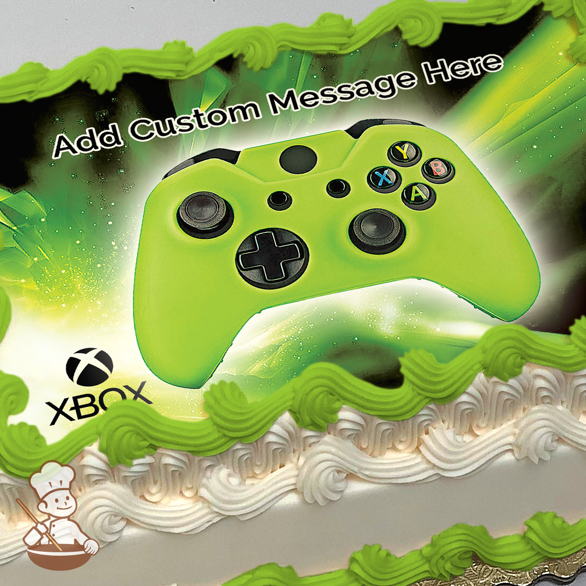 Illustration of a bright green Xbox controller with glowing light effects on a sheet cake.