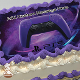 Illustration of a purple gaming controller with "PS5" text, against a cosmic galaxy background, printed on a sheet cake.