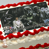 Illustration of Darth Vader, Death Troopers, and Stormtroopers from Star Wars, set against a space-themed backdrop, printed on a sheet cake.