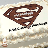 Illustration of a stylized American football within a shield shape, resembling a superhero emblem, on a sheet cake.