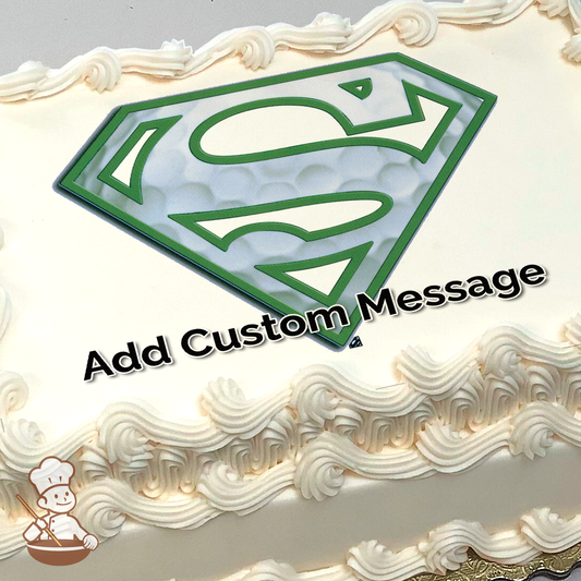 Superman logo with a stylized 'S' in a diamond-shaped outline, printed on a sheet cake.