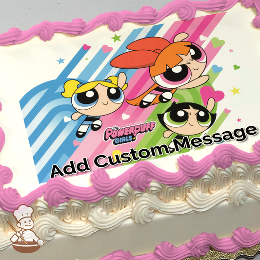 Cartoon of Powerpuff Girls, with Blossom, Bubbles, and Buttercup, on a vibrant background with hearts and stripes, printed on a sheet cake.