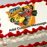 Mickey Mouse driving a race car with "Get Set Go" text, vibrant orange background, on a sheet cake.