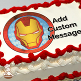 Iron Man mask with red and gold details on blue hexagonal pattern background, encircled by a red ring, printed on a sheet cake.