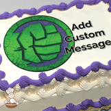 Hulk's iconic green fist logo with cracked texture on a vibrant background, printed on a sheet cake.