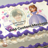 Illustration of Princess Sofia from "Sofia the First" next to a placeholder for a custom photo, printed on a sheet cake.