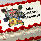 Illustration of the Mighty Morphin Power Rangers' Megazord with weapons on a grey background, printed on a sheet cake.