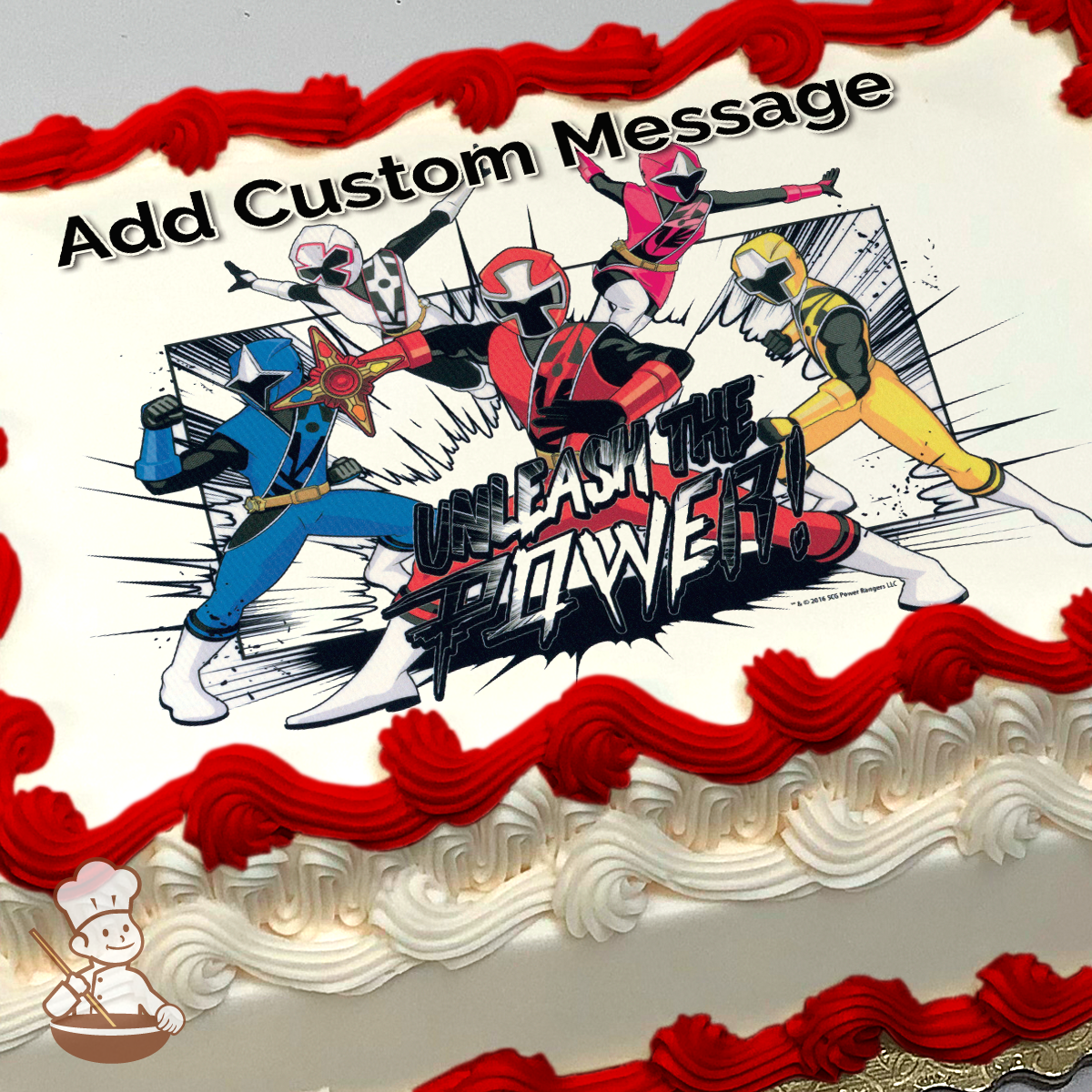 Illustration of Power Rangers in action poses on a dynamic comic-style background with "Unleash the Power" text, printed on a sheet cake.