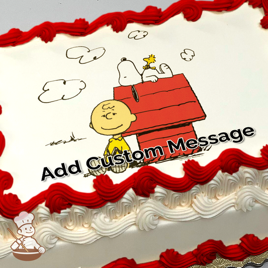 Illustration of Charlie Brown and Snoopy on a red doghouse against a sky with clouds, printed on a sheet cake.