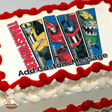 Illustration of Transformers characters Bumblebee, Optimus Prime, and Grimlock in vertical panels with their names, printed on a sheet cake.