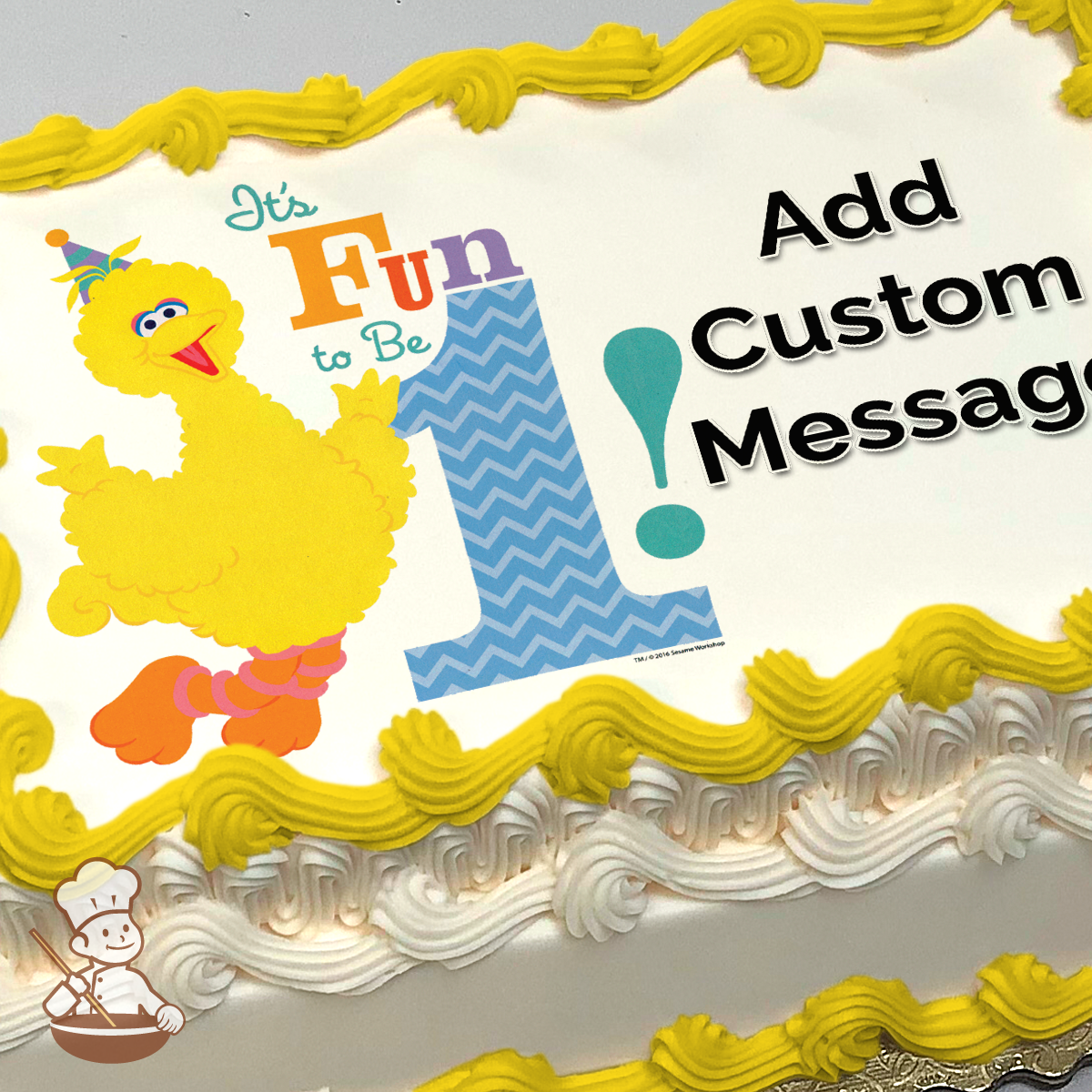 Illustration of Big Bird from Sesame Street with text "It's Fun to Be 1!" on a white background, printed on a sheet cake.