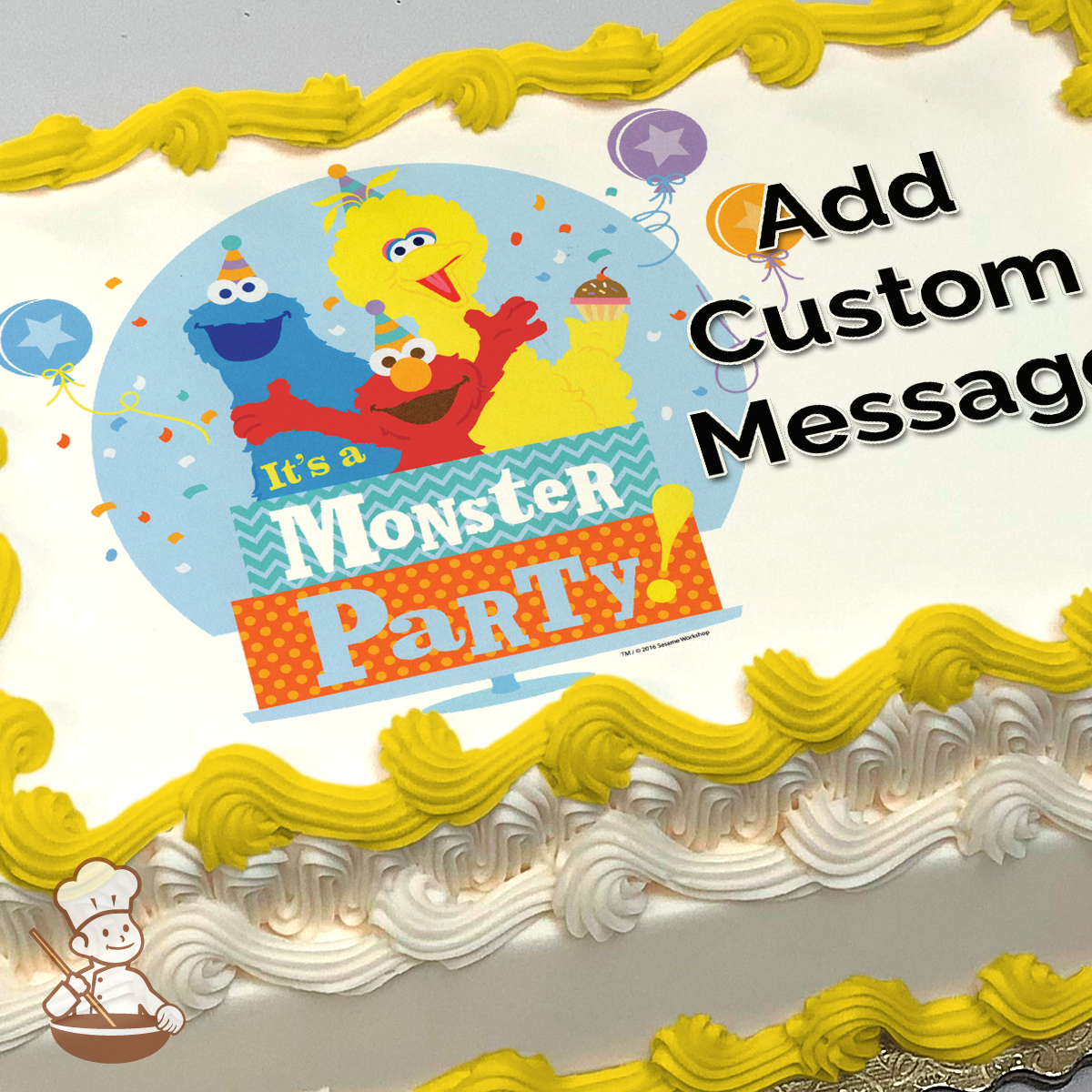 Illustration of Sesame Street characters Big Bird, Cookie Monster, and Elmo at a 'Monster Party', printed on a sheet cake.