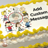 Illustration of Peanuts characters with Charlie Brown, Snoopy, and Lucy, surrounded by confetti, printed on a sheet cake.