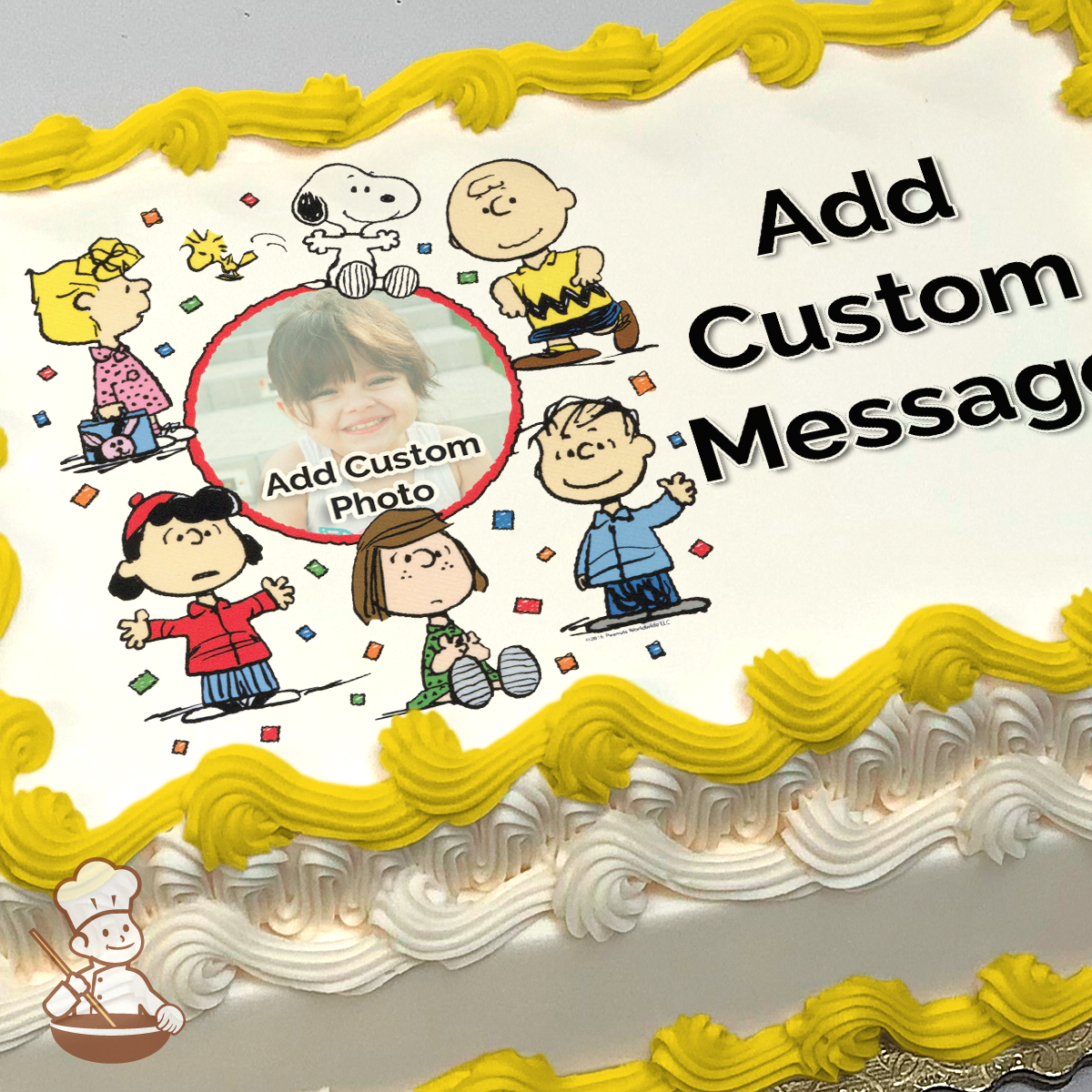 Illustration of Peanuts characters with Charlie Brown, Snoopy, and Lucy, surrounded by confetti, printed on a sheet cake.