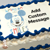 Mickey Mouse with the text "bring on the SMILES" and a small image of Chef Mickey below, printed on a sheet cake.