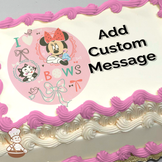 Minnie Mouse with a phrase "I [heart] BOWS" and images of bows, Figaro, and a bird on a pink background, printed on a sheet cake.