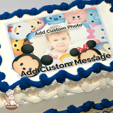 Mickey Mouse and Minnie with friends on a pastel balloon background, printed on a sheet cake.